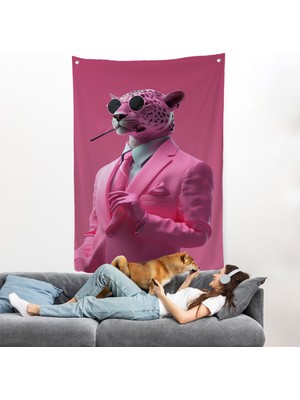 Harita Sepeti Sigara Içen Pembe Leopar Duvar ÖRTÜSÜ-7859