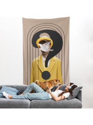 Harita Sepeti Yüzünde Kuş Olan Adam Pop Art Duvar ÖRTÜSÜ-7848