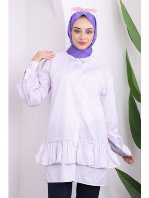 Lila Çizgili Etek Ucu İncili Tunik