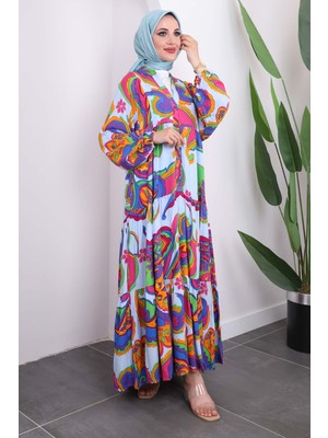 Mor Yarım Düğmeli Eteği Katlı Viscon Elbise