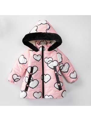 Podium Giyim Özel Tasarım Sevimli Kalp Baskılı Içi Kürklü Varaklı Soft Kumaş Cepli Kapüşonlu Kışlık Mont- Kaban