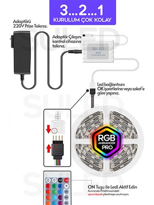 Suled Şerit LED 5 Metre Animasyonlu Tak Çalıştır Kumandalı Trafolu Rgb Şerit Işık Ambiyans