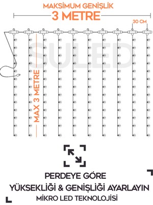 Suled Perde LED 3x3 Metre Kumandalı 8 Mod Ambiyans Ayarlabilir Boy Dekor Mikro LED Işık