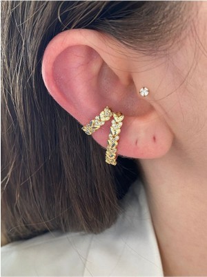 Pinery Jewels Zirkon Taşlı Sıralı Kalp Altın Kaplama Kadın Earcuff Kıkırdak Küpe