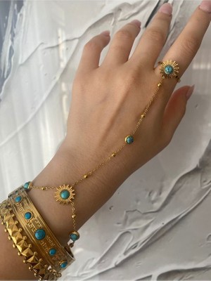 Pinery Jewels Firuze Taşlı Güneş Ayarlanabilir Yüzüklü Çelik Kararmaz Kadın Şahmeran