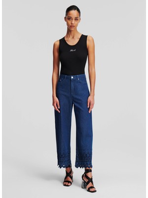 Karl Lagerfeld Yüksek Bel Düz Paça Normal Koyu Mavi Kadın Denim Pantolon 241W1102