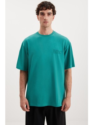 Darell Erkek Oversize Fit %100 Pamuk Kalın Dokulu Baskılı Yeşil T-shirt