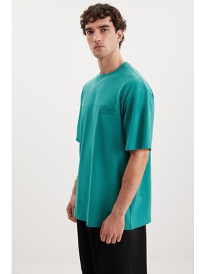 Darell Erkek Oversize Fit %100 Pamuk Kalın Dokulu Baskılı Yeşil T-shirt