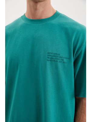 Darell Erkek Oversize Fit %100 Pamuk Kalın Dokulu Baskılı Yeşil T-shirt