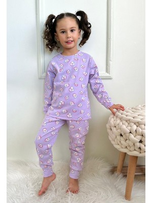 Lolli Boom Kids Kız Çocuk Fitilli Kumaş Çiçek Desenli Pijama Takımı Esnek Kumaş Yeni Sezon Mor Renk