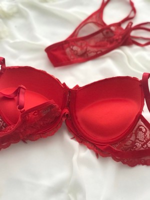 Strlingerie Kırmızı Tüylü Destekli Kadın Taşlı Sexy Push-Up Sütyen Takım