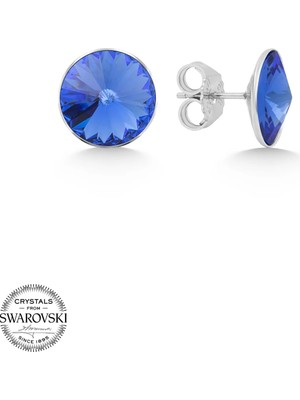 Sapphire Taşlı Swarovski Crystal Kadın 12mm Çivili Gümüş Küpe