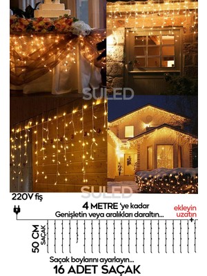 Suled Sarı LED Işık Sarkıt Efekt Modlu 4 Metre 100 LED 16 Saçak Iç & Dış Dekor Süsleme 220V Fişli