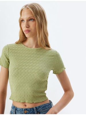 Koton Bürümcük T-Shirt Crop Kısa Kollu Bisiklet Yaka Slim Fit