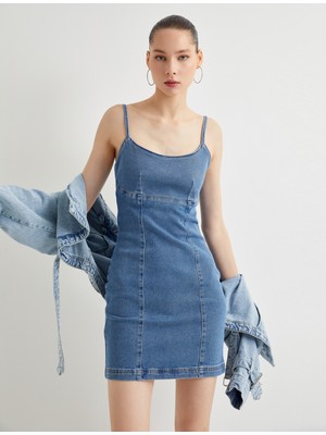 Koton Askılı Mini Kot Elbise Pamuklu Slim Fit U Yaka