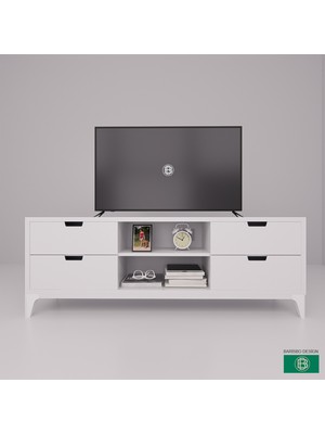 Barisbo Design Tv Ünitesi 4 Çekmeceli Raflı Beyaz (Hazır Montajlı Teslim)