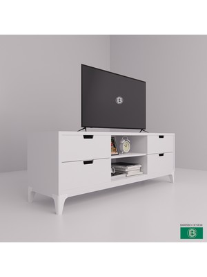 Barisbo Design Tv Ünitesi 4 Çekmeceli Raflı Beyaz (Hazır Montajlı Teslim)