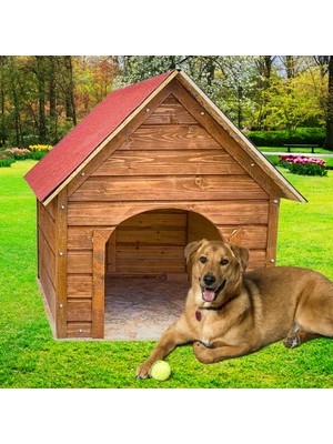 Reyo Pet Suya Soğuğa Dayanıklı Lüks Büyük Boy Ahşap Köpek Kulubesi Sokak Köpek Evi Kırmızı Çatılı 100X100X78 cm Ceviz