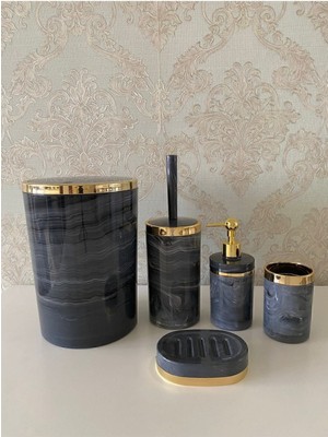 Tekno Trust Gri 5 Parça Mermer Desen Banyo Seti / Wc Fırçalık Sıvı - Katı Sabunluk Çöp Kovası Diş Fırçalık A