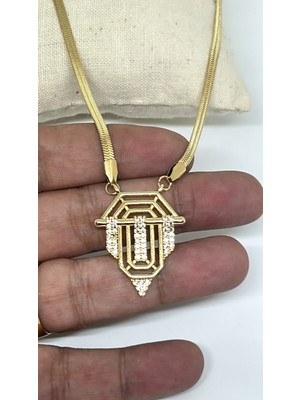 By Semra Italyan Zincirli Zirkon Taşlı Serenay Model Gold Çelik Kolye