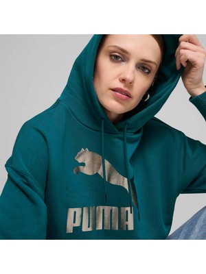 Puma Classics Shiny Logo Kadın Yeşil Kapüşonlu Hoodie
