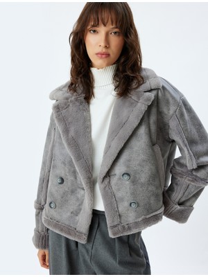 Koton Suni Deri Ceket Suni Kürk Yaka Peluş Detaylı Kruvaze Cepli