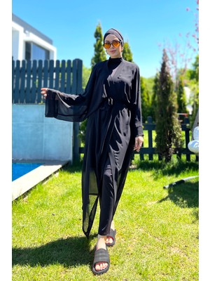 Remsa Mayo Remsa Tesettür Mayo Üzerine Tek Kaftan Kimono Pareo Düz Siyah RP004 Hatice