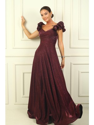 By Saygı Düşük Volan Kol Drapeli Astarlı Simli Uzun Elbise