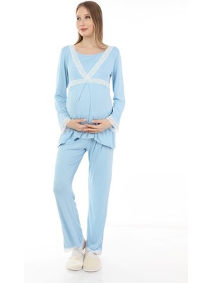 Luvmabelly MYRA9707 Dantelli Emzirme Hamile Pijama Takımı -Mavi