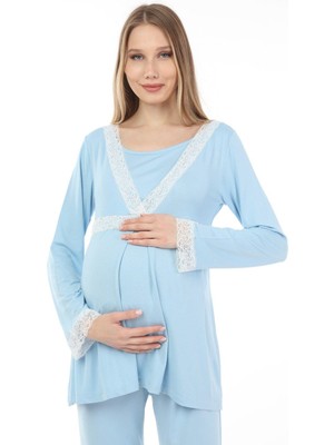 Luvmabelly MYRA9707 Dantelli Emzirme Hamile Pijama Takımı -Mavi