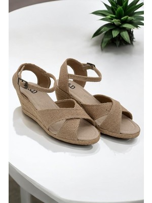 Yd Shoes Dolgu Topuk Çapraz Keten Sandalet