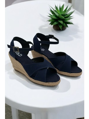 Yd Shoes Dolgu Topuk Çapraz Keten Sandalet