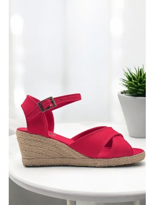 Yd Shoes Dolgu Topuk Çapraz Keten Sandalet