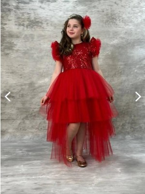 Rapapa Pullu Fiyonk Kuyruklu Kız Çocuk Elbise Abiye Kırmızı 0908