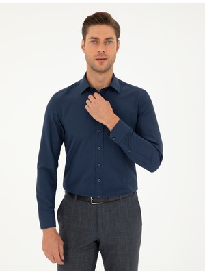 Pierre Cardin Erkek Lacivert Slim Fit Armürlü Uzun Kollu Gömlek 50298071-VR033