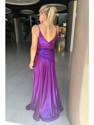 Butik Exvoto EXP24 Drape Detay Uzun Abiye Mor