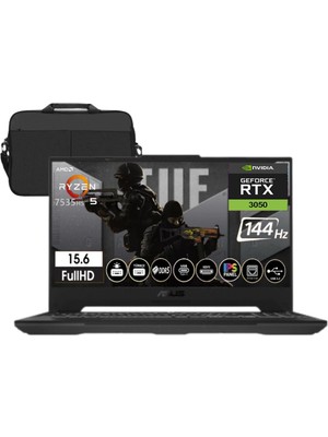 Asus Tuf Gaming A15 FA506NC-HN050 Amd R5-7535HS 8gb Ddr5 Ram 2tb SSD RTX3050-144Hz 15.6" Freedos Taşınabilir Bilgisayar + Cimete Çanta