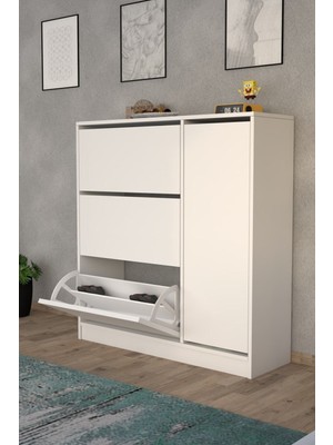 Tekno Trust Modern Milano 3 Kapaklı Kayar Raflı Dolaplı Ayakkabılık Beyaz 4 30  cm  Garantisiz 118  cm  Modern Beya