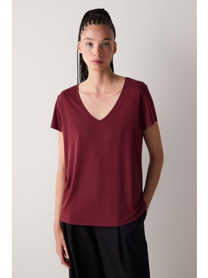 Penti Bordo V Yaka Regular Fit Modal T-Shirt