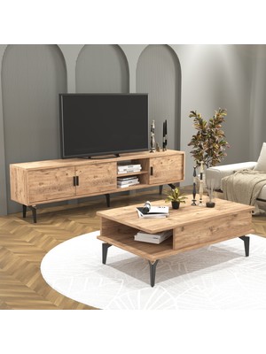 Cool Home Marin Tv Ünitesi 180 cm - Orta Sehpa Seti , Raflı , Atlantik Çam ( Ceviz)