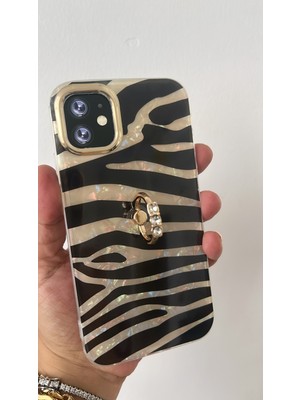By Semra iPhone 11 Uyumlu Zebra Desen Taşlı Yüzüklü Sert Slikon Kılıf