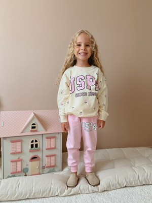 Sacro Kids Pembe Kalp Desenli Sweatshirt-Eşofman Mevsimlik Kız Çocuk Takım