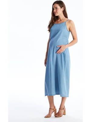 LC Waikiki Açık Indigo Rodeo U Yaka Düz Askılı Hamile Jean Elbise