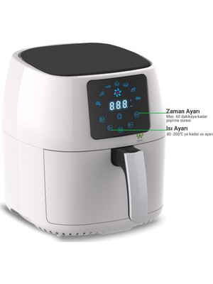 Wiami Airfryer 4.5 L Beyaz V2 Tek Hazne Yağsız Fritöz LED Ekran ve Kolay Temizlik Özelliği