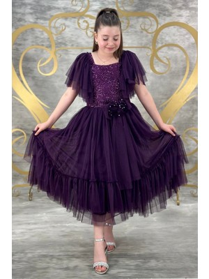 Abiye Kids Mürdüm Pulpayetli Tüllü Garsonboy Kız Çocuk Abiye 10/14 Yaş Arası ABY154