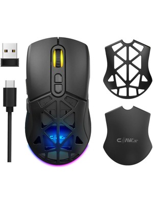 Claw's Nexus Air V1 Kablosuz 10000 Dpi Pixart PMW3325 Sensör Makro Yazılımlı & Değiştirilebilir Kapaklı RGB Kablosuz Gaming Mouse - Siyah (2.4 GHz Kablosuz + BT5.1 + Type-C ile Kullanım Desteği)