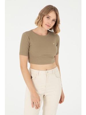 U.S. Polo Assn. Kadın Haki Bisiklet Yaka Crop Tişört 50281813-VR027