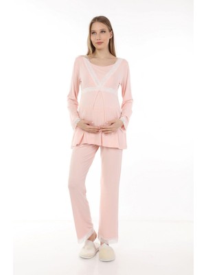 Luvmabelly MYRA9706 Dantelli Emzirme Hamile Pijama Takımı -Pembe