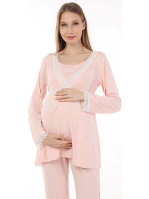 Luvmabelly MYRA9706 Dantelli Emzirme Hamile Pijama Takımı -Pembe