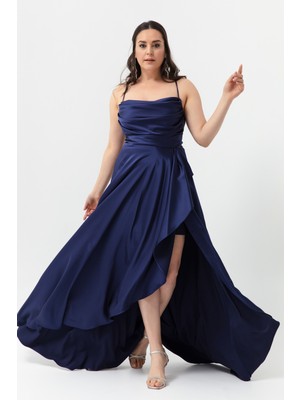 Lafaba Kadın Lacivert Volanlı Yırtmaçlı Saten Abiye Mezuniyet Elbisesi Özel Olaylar İçin